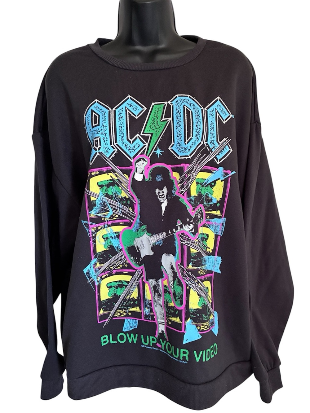 AC/DC Grunge Rocker 80s Style Black Sweatshirt Neon Multicolor Loungewear Sz XXL